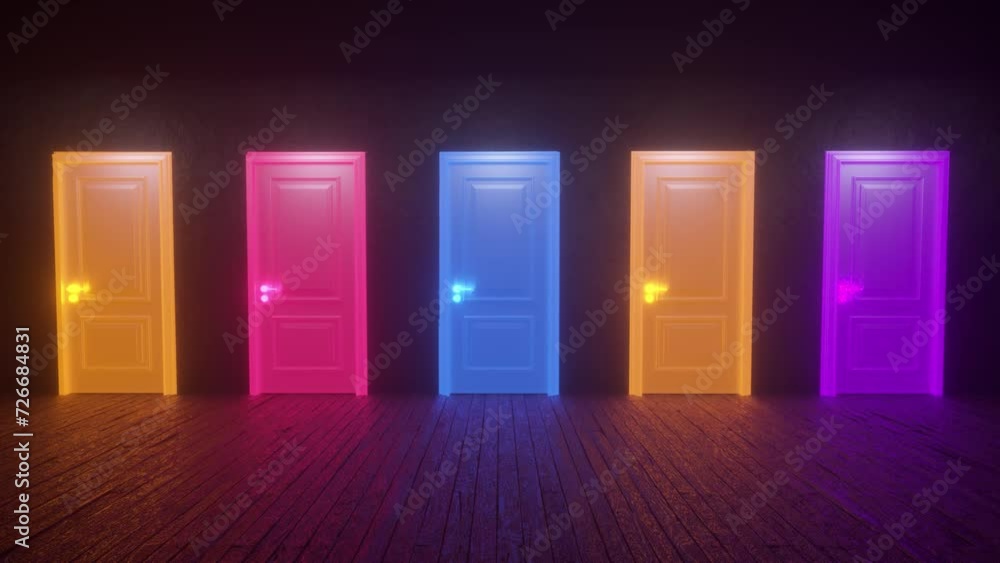 Poster a row of multicolored neon closed doors randomly glowing in turn. pulsating flashing light. luminous