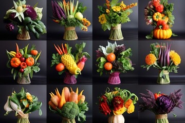 Artistic Arrangements of Fresh Vegetables and Fruits Forming Vibrant Kitchen Bouquets