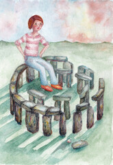 A girl is sitting on Stonehenge. Watercolor sketch. A metaphorical card for associative work with a psychologist. The figure of a girl and architectural ancient ruins.