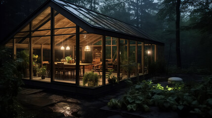 Fototapeta premium Cozy greenhouse home, with lights glowing in the dark. Tiny house. Warm glasshouse with plants and modern furniture, in the night summer landscape. Creative contemporary living.