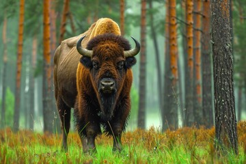 A majestic bison, with its bovine features and powerful stance, commands the grassy plains of its natural habitat, surrounded by towering trees and the peaceful presence of the wild