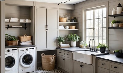 The shiplap walls and tall Shaker-style cabinetry in this modern farmhouse laundry room are painted in a soothing neutral taupe. - obrazy, fototapety, plakaty