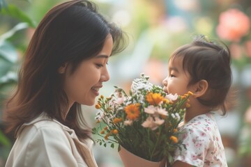 A child is giving a bouqet of flowers to mother, international women's day