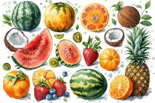 Watercolor collection Food Illustration with fresh Fruits 