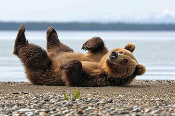 A majestic grizzly bear rests peacefully on the rugged shoreline, basking in the warm sun as the ocean waves gently lap at its feet