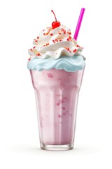 Delicious milkshake or smoothie cutout minimal isolated on white background. Strawberry, vanilla and chocolate flavor. Realistic 3d illustration milkshake, icon, detailed.