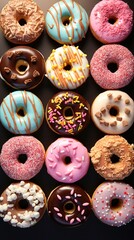 Donuts delicious 3D close up, decorated background, ultra realistic donut, icon, detailed. Grocery product advertising, menu.