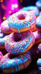Fototapeta na wymiar Donuts delicious 3D close up, decorated background, ultra realistic donut, icon, detailed. Grocery product advertising, menu.