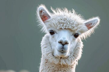 Obraz premium The majestic white llama stands tall, its thick fur shining in the sunlight as it gazes curiously with its distinctive snout, a symbol of grace and resilience in the world of terrestrial animals
