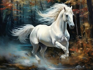 Obraz na płótnie Canvas White horse with its long white hair running in a forest
