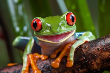 Fototapeta premium A vibrant agalychnis tree frog perches on a branch, its red eyes piercing through the greenery of the outdoor world