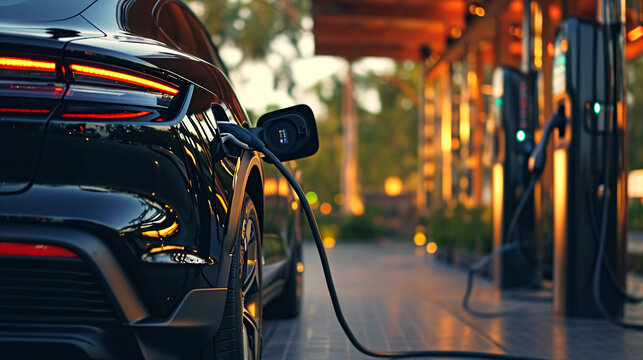  An Electric Vehicle Gracefully Connected To A Charging Station  Point