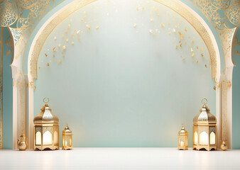 Ramadan background concept,a luxurious light aqua mihrab background design with golden decorative...