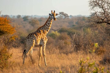 Naklejka na ściany i meble A majestic giraffe gracefully stands tall amidst the vast savanna, its long neck reaching towards the endless sky while surrounded by the lush grass and shrubland, a true symbol of the wild and untam
