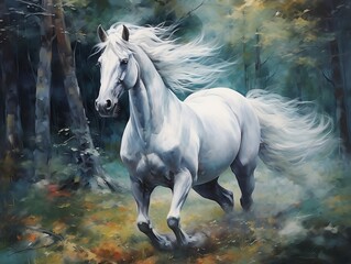 Obraz na płótnie Canvas White horse with its long white hair running in a forest