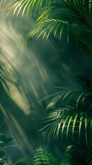 Bali style template green background, exotic tropical wall with green palm and banana leaves and atmospheric sunlight rays