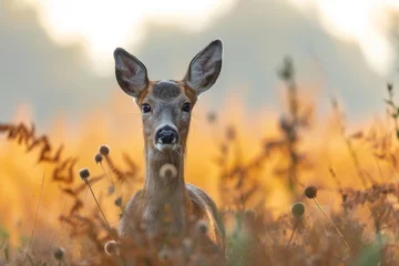 Deurstickers A majestic roe deer stands tall in a sea of lush green grass, its doe eyes gazing up at the endless sky while a curious fawn grazes nearby, embodying the beauty and freedom of the wild © LifeMedia