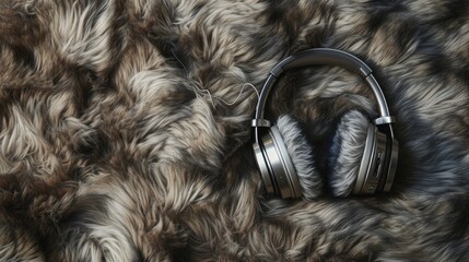 headphones atop a plush fur background, showcasing a harmonious blend of fashion and technology from a captivating top-down perspective.