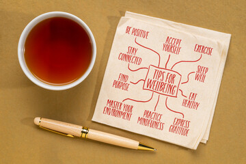 tips for wellbeing - infographics or mind map sketch on napkin, healthy lifestyle concept