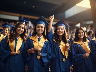 Obraz premium International graduates from celebrating diplomas in graduation robes Generative Ai