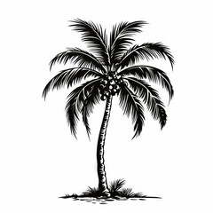 Monochrome Illustration of a Single Palm Tree with Coconuts

