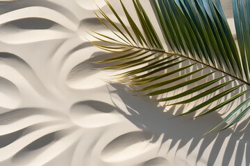 Tropical leaf shadow on water surface. Palm leaves cast abstract background on beach