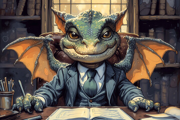 Business is in the hands of a dragon. A leader in the form of a dragon in an office space. Conceptual illustration