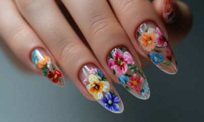 exquisite hand with detailed floral nail art showcasing a variety of colorful flower designs, srping fashion concept 
