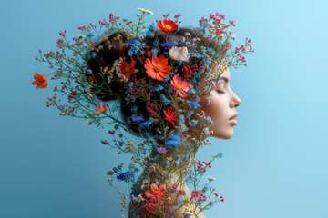 woman portrait with colorful flowers over her head - obrazy, fototapety, plakaty