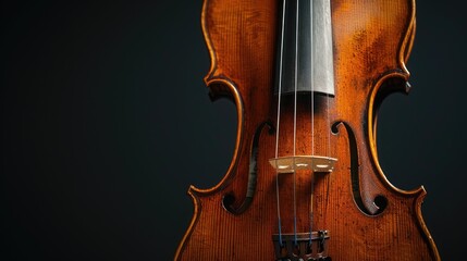 a violin, the quintessential orchestral instrument, isolated against a sleek black background, emphasizing its intricate details and timeless beauty.