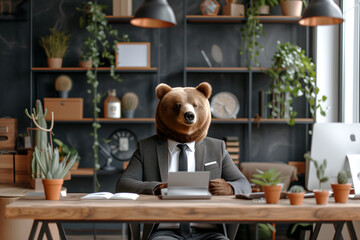 Bear market. Bear as a leader at the office desk. Concept - obrazy, fototapety, plakaty