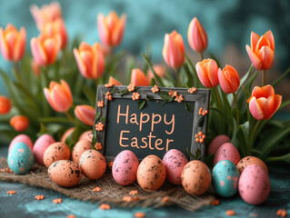 Happy Easter rustic background with wooden handmade sign with slogan "Happy Easter", tulips and colored eggs