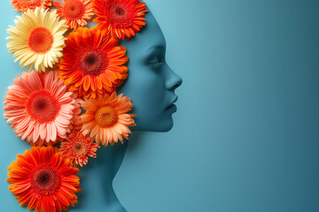 woman portrait with colorful flowers over her head - obrazy, fototapety, plakaty
