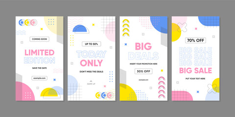 Abstract Colorful Memphis Background. Trendy geometric abstract template for social media post or advertisement. Sale banner template design, Super sale special offer set.
