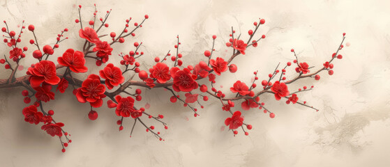 elegant red floral arrangement on a textured beige background with artistic blossoms