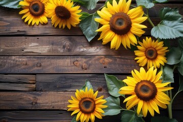 sunflowers on rustic wooden background many wooden slats