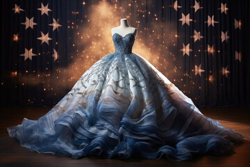 A majestic ballgown with a star theme in a magical setting