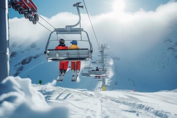 Fototapeta na wymiar Amidst the snowy peaks and misty clouds, people ascend the mountain on a ski lift, eager to conquer the slopes and embrace the thrill of winter sports
