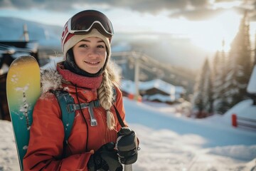 Braving the winter elements with a confident smile, a woman stands ready for adventure in her ski gear, gazing up at the snowy mountains with her helmet and goggles in place