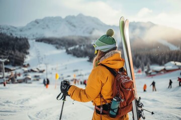 A fearless skier conquers the icy slopes of the majestic mountain, bundled up in a bright yellow jacket and armed with their trusty ski poles