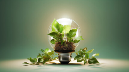 Energy saving concept. Light bulb on green nature and sunlight background.