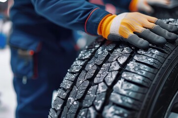 A gloved individual confidently grips a rugged tire, embodying the raw power and durability of synthetic rubber in the great outdoors - obrazy, fototapety, plakaty