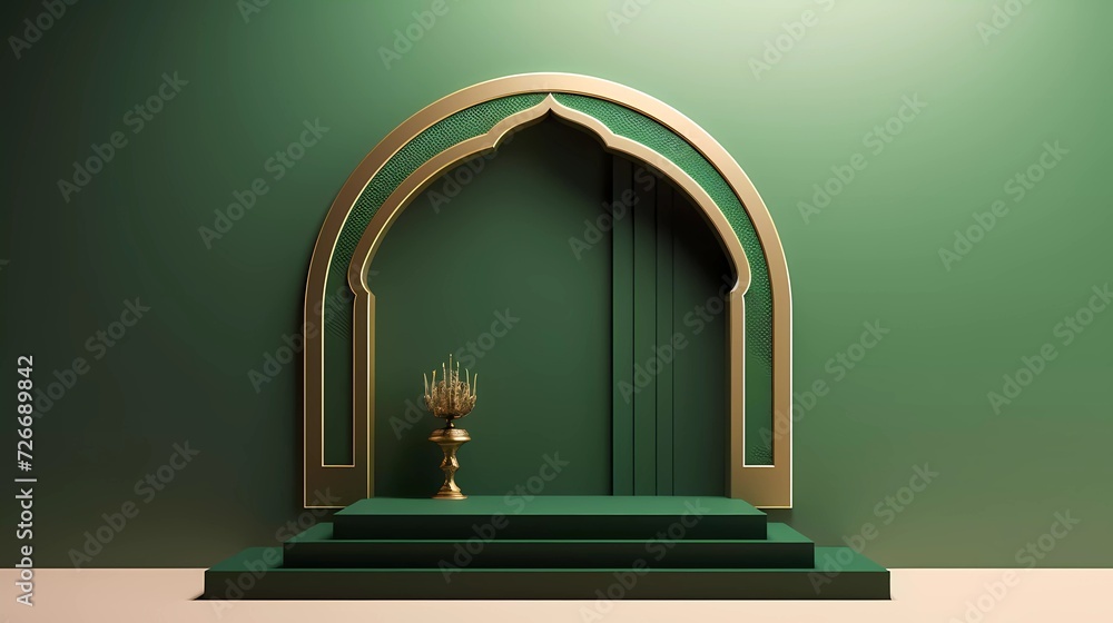 Poster 3d illustration islamic theme product display background in minimal green design. mosque portal fram