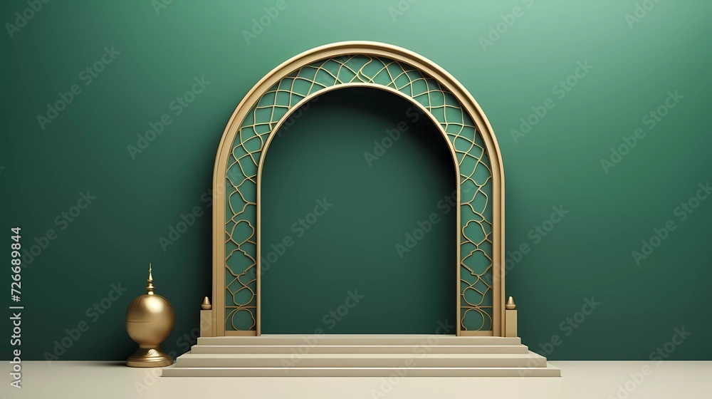 Poster 3d illustration islamic theme product display background in minimal green design. mosque portal fram