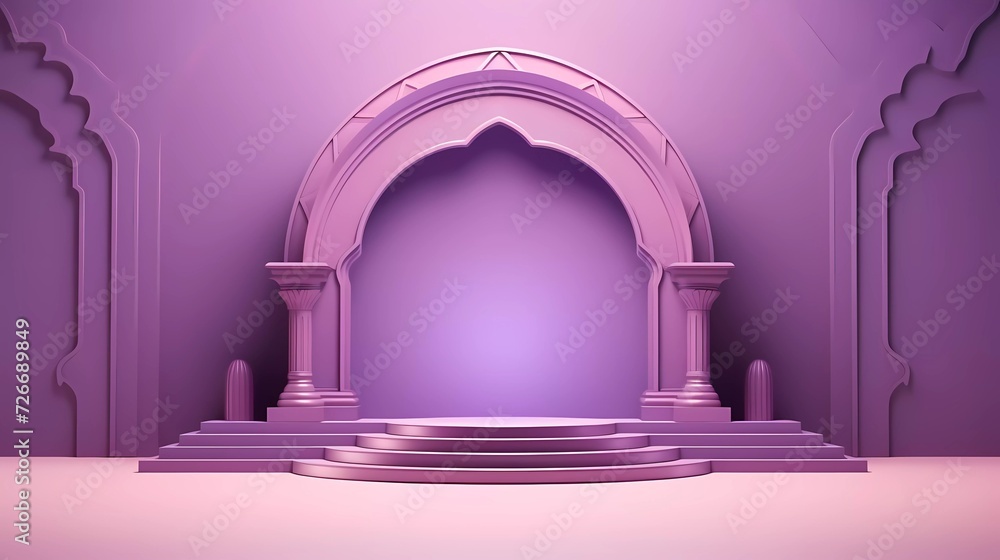 Poster 3d illustration islamic theme product display background in minimal purple design. mosque portal fra
