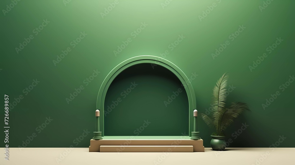 Poster 3d illustration islamic theme product display background in minimal green design. mosque portal fram