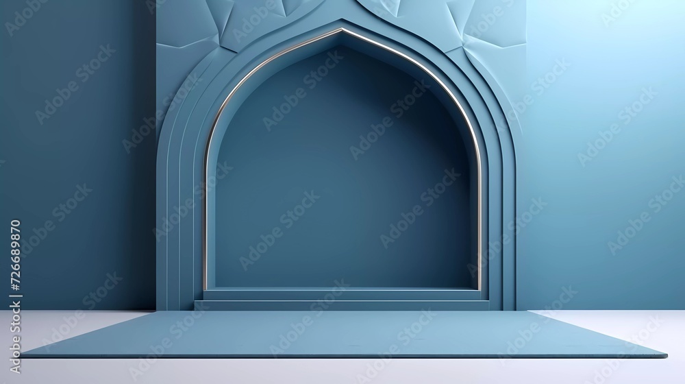Poster 3d illustration islamic theme product display background in minimal blue design. mosque portal frame