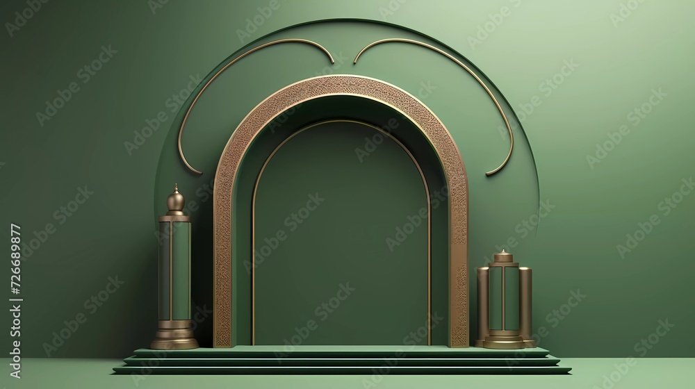 Poster 3d illustration islamic theme product display background in minimal green design. mosque portal fram