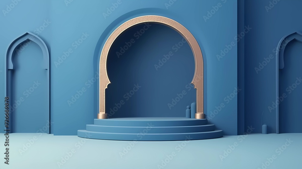 Poster 3d illustration islamic theme product display background in minimal blue design. mosque portal frame