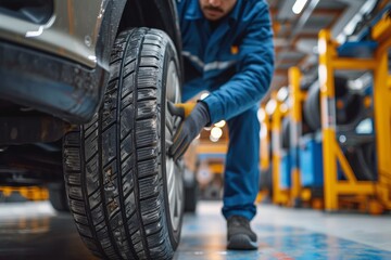Fototapeta na wymiar A blue-uniformed man stands indoors, changing a tire with precision and care, his clothing and footwear a stark contrast against the synthetic rubber and tread of the auto part, connecting him to the